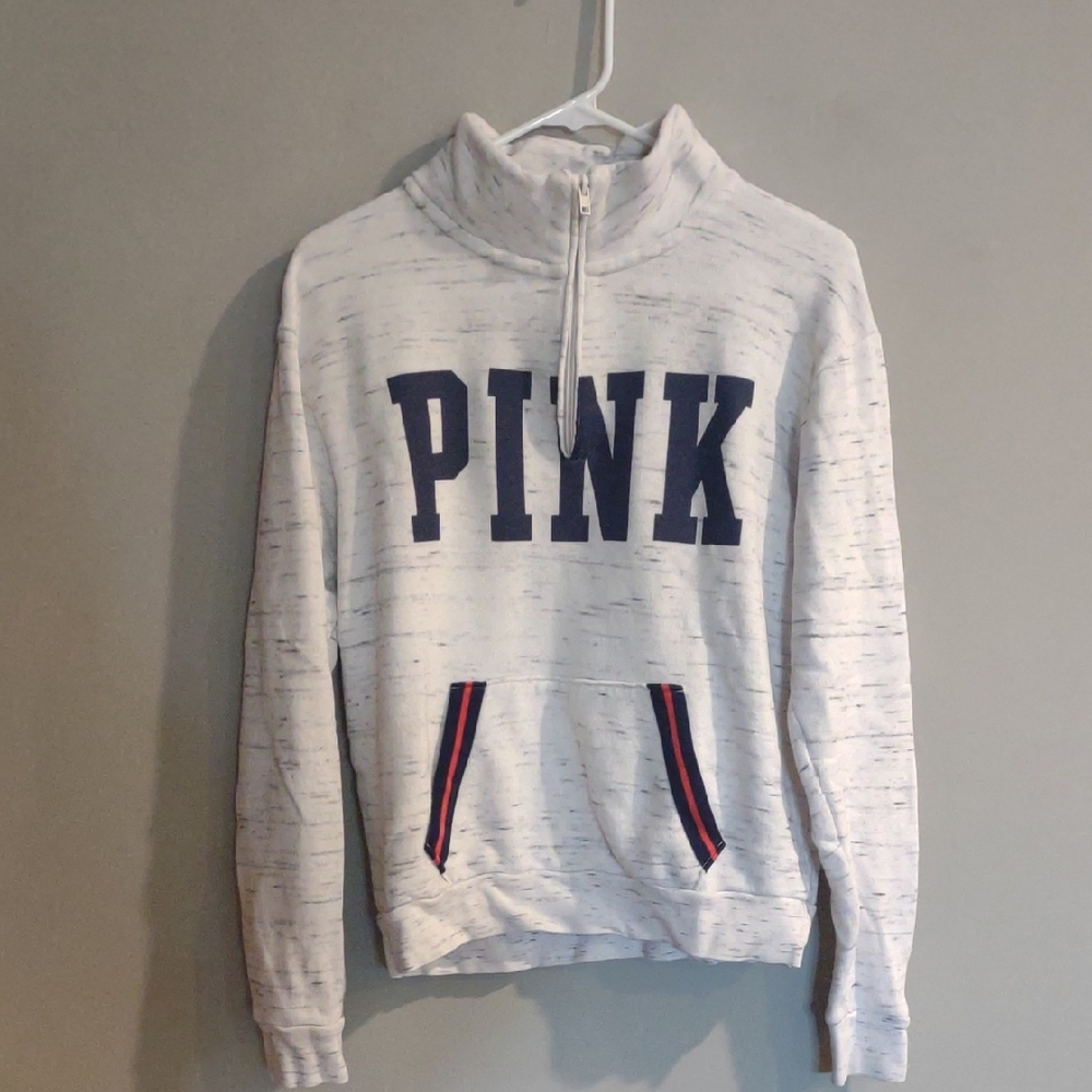 Victoria's Secret PINK Women's Small White/Navy Graphic Quarter‎ Zip Sweatshirt
